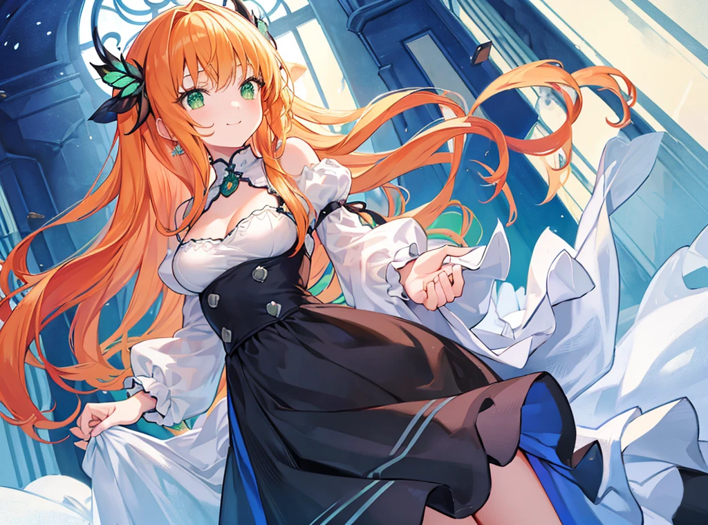 Depth of written boundary, profile, A neat figure, Beautiful detailed girl, a bit, Long hair with inner color, Beautiful iris、Light orange hair, A big smile、 Green Eyes, Very detailed eyes、Small breasts, Ruffled Dress, Cyan color scheme clothing,Morning Glow