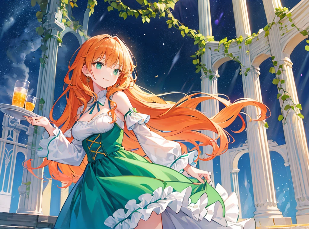 Depth of written boundary, profile, A neat figure, Beautiful detailed girl, a bit, Long hair with inner color, Beautiful iris、Light orange hair, A big smile、 Green Eyes, Very detailed eyes、Small breasts, Ruffled Dress, Cyan color scheme clothing,Morning Glow