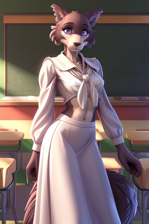 furry anthro juno, medium breasts, white clothing, midriff, long skirt, long sleeves, neckerchief, solo, full body, tail, countershading, (best quality, masterpiece:1), standing, sexy pose, purple eyes, looking at viewer, (school classroom background:1.1), octane render