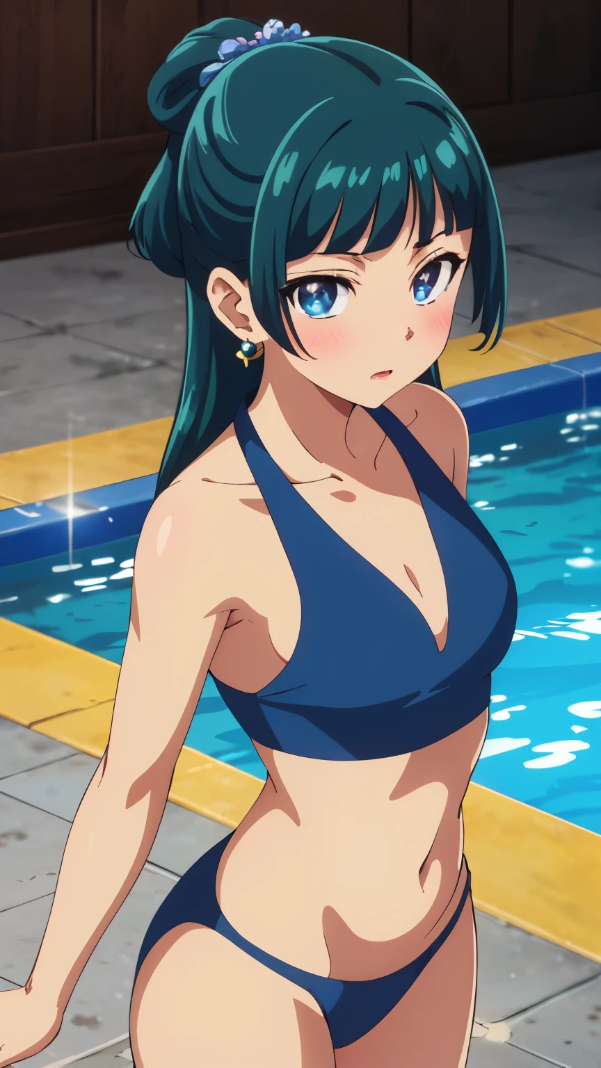 Top quality (8k, high resolution, masterpiece: 1.2), super detailed, anime art style, dynamic angle, (swimsuit, pool, blush), detailed green hair, detailed blue eyes, intricate hairstyle, long hair , slim body, sparkling eyes, youthful, hair accessories, earrings, half-updo, slightly dull bangs, detailed lighting, bright colors, looking at the viewer, in the center of the image, cowboy shot,