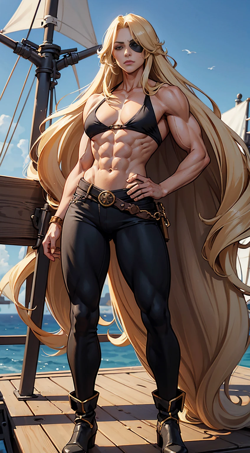 masterpiece, absurdres, best quality ,intricate details , (shiny skin, shiny body, shiny oily luster skin, shiny hair, pale skintone), pirate ship , Sundown , ((1man)), attractive, ((muscular)), adult, one eye patch, tattoo ,white blouse, earrings, brown pants, Parrot on the shoulder , Don't look at the view , Not looking at the view, blonde very long hair