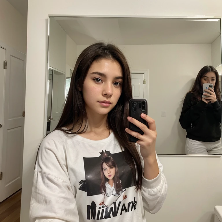 Black and brown mixed hair,brown eyes, milky white skin, Canadian girl, 19yr old ,mirror selfie pic, face covered by mobile the phone was iphone, full clothes