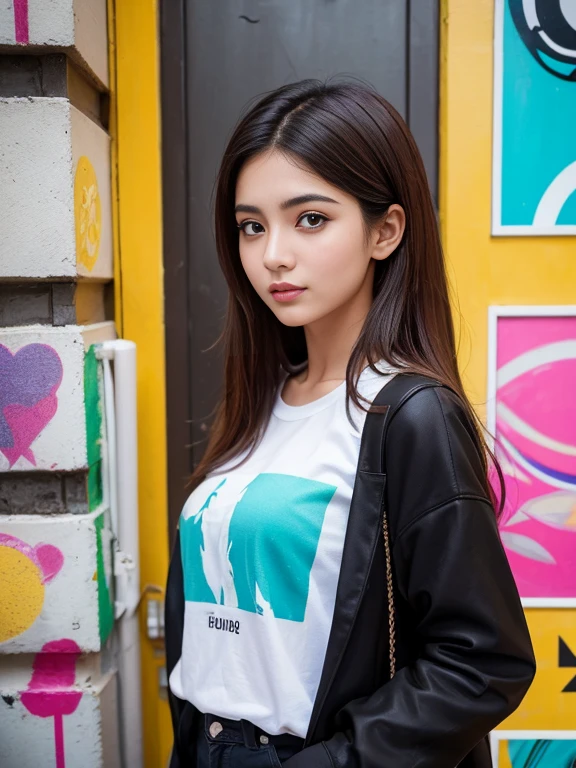 (8K, Very high resolution: 1.1) Nasrin, a 20-year-old Asian girl, poses in front of a vibrant street art mural. She wears trendy and edgy clothes that showcase her unique style. Nasrin's charming brown eyes, bright smile and flowing black and brown hair are highlighted in the high-resolution image. Dynamic and colorful street art creates a stunning visual backdrop, capturing Nasrin's artistic expression and youthful spirit of individuality.