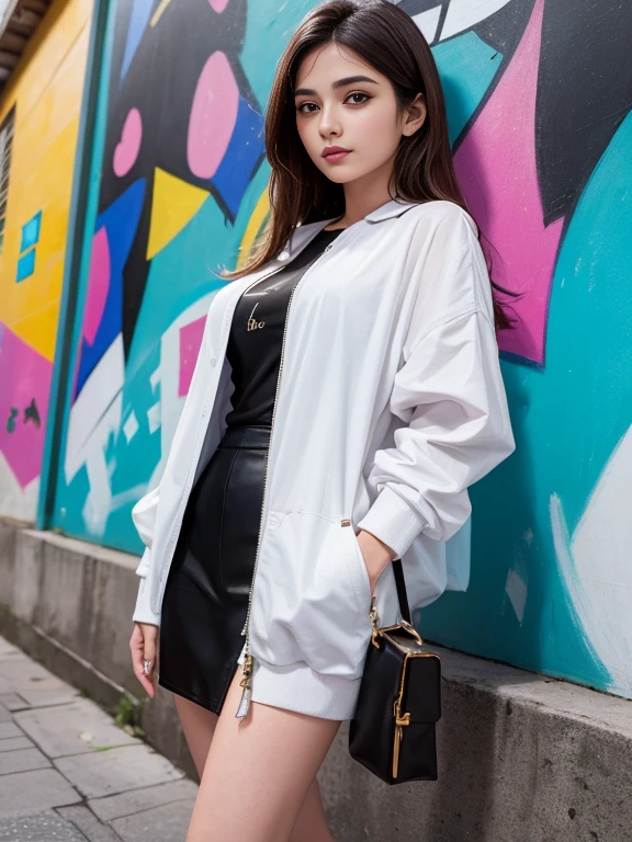 (8K, Very high resolution: 1.1) Nasrin, a 20-year-old Asian girl, poses in front of a vibrant street art mural. She wears trendy and edgy clothes that showcase her unique style. Nasrin's charming brown eyes, bright smile and flowing black and brown hair are highlighted in the high-resolution image. Dynamic and colorful street art creates a stunning visual backdrop, capturing Nasrin's artistic expression and youthful spirit of individuality.