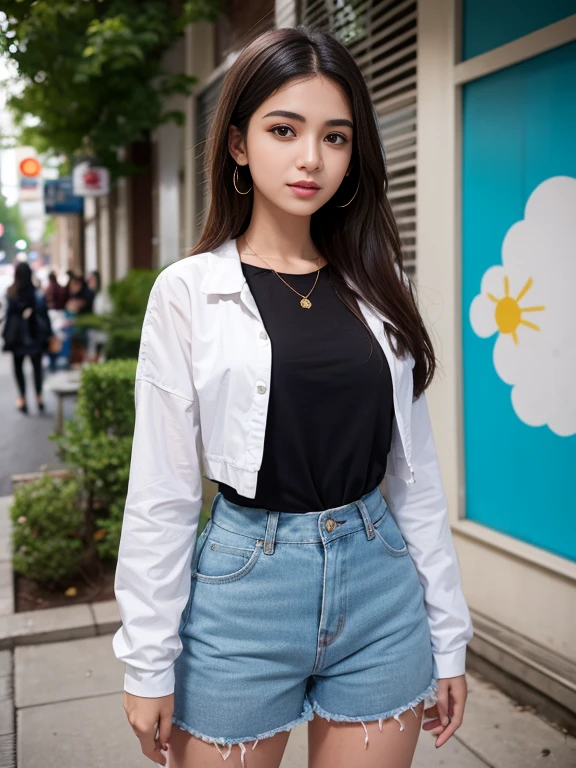 (8K, Very high resolution: 1.1) Nasrin, a 20-year-old Asian girl, poses in front of a vibrant street art mural. She wears trendy and edgy clothes that showcase her unique style. Nasrin's charming brown eyes, bright smile and flowing black and brown hair are highlighted in the high-resolution image. Dynamic and colorful street art creates a stunning visual backdrop, capturing Nasrin's artistic expression and youthful spirit of individuality.