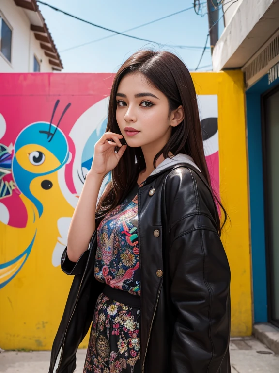 (8K, Very high resolution: 1.1) Nasrin, a 20-year-old Asian girl, poses in front of a vibrant street art mural. She wears trendy and edgy clothes that showcase her unique style. Nasrin's charming brown eyes, bright smile and flowing black and brown hair are highlighted in the high-resolution image. Dynamic and colorful street art creates a stunning visual backdrop, capturing Nasrin's artistic expression and youthful spirit of individuality.