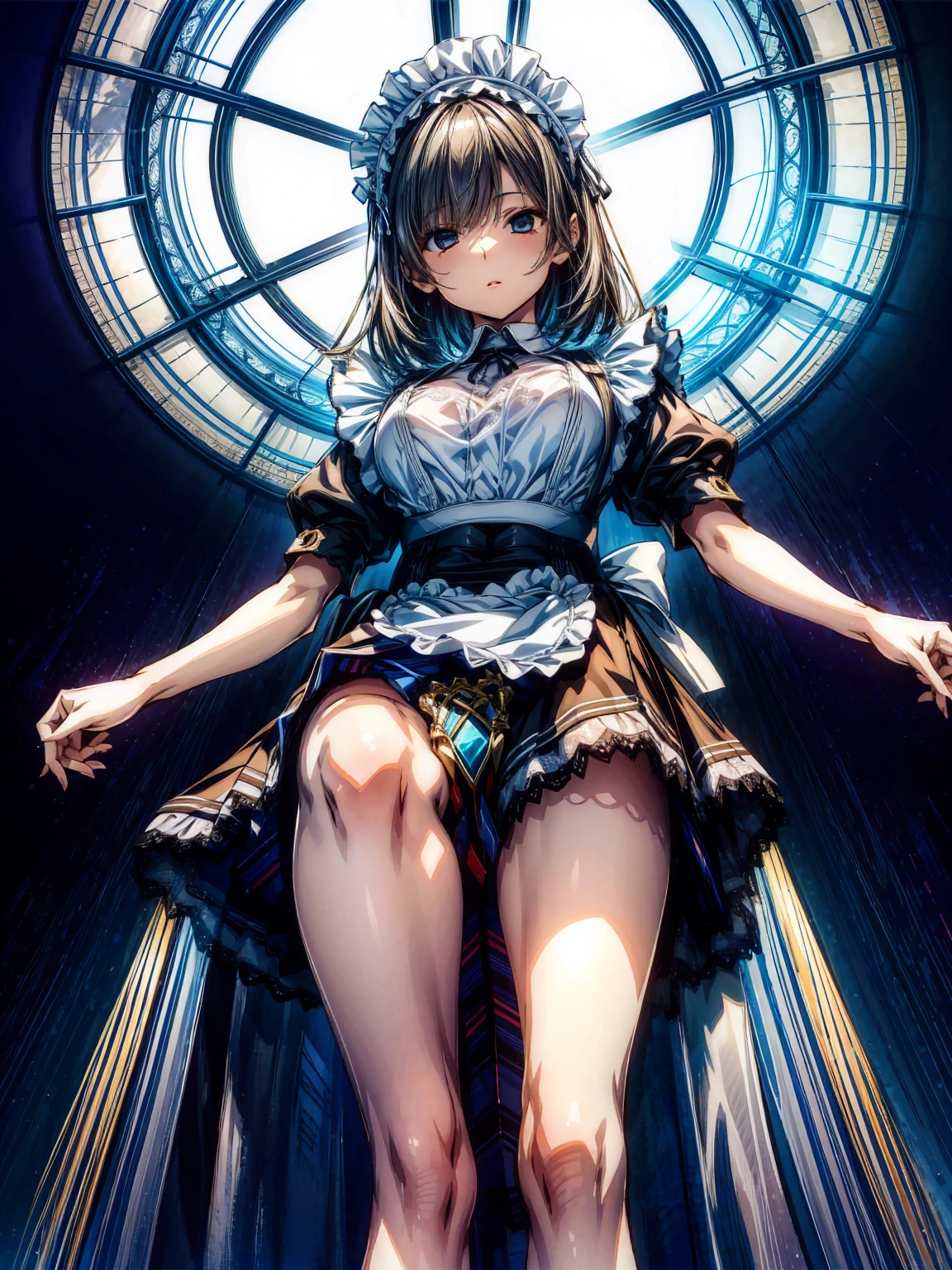 (Perfect Anatomy:1.2, highest quality),(Maid leotard details:1.6),One girl,alone,Long Hair:1.5, (Short sleeve, Thighs,Maid Cufflinks),,Hypno Lola, Hollow Eyes,High heel lace-up boots, (Without skirt:3.0),Dark aura,Leotrad,,From below,love for viewers,Look down,