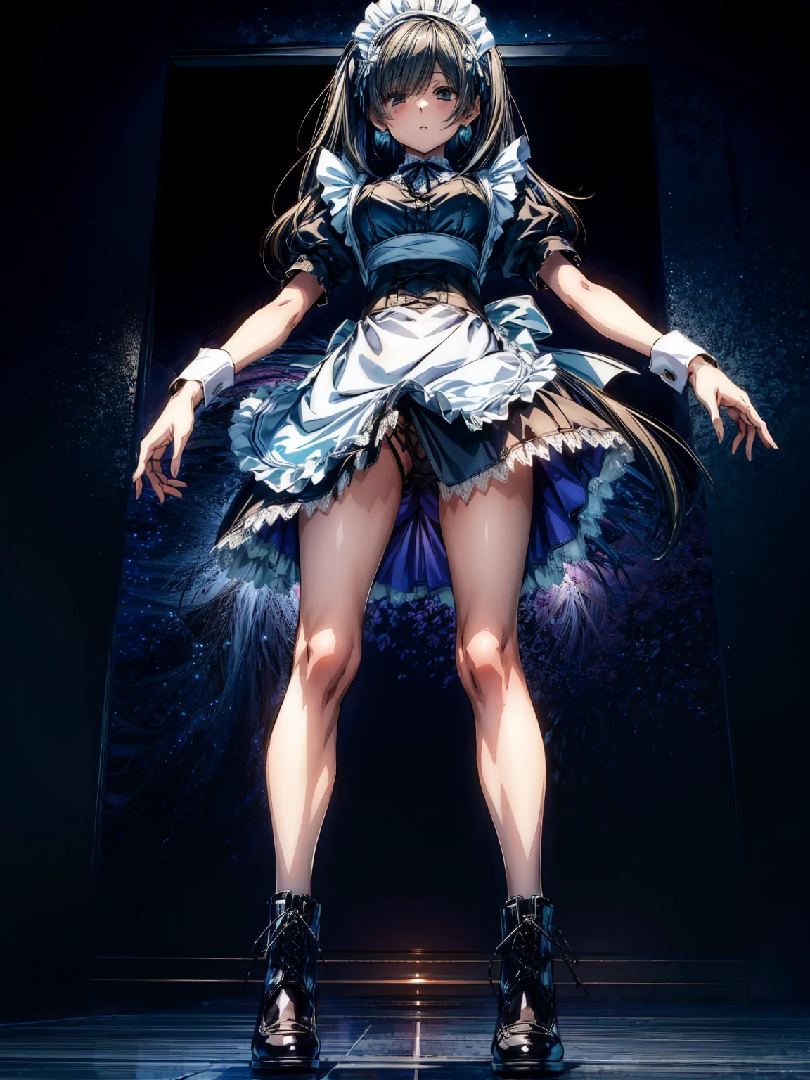 (Perfect Anatomy:1.2, highest quality),(Maid leotard details:1.6),One girl,alone,Long Hair:1.5, (Short sleeve, Thighs,Maid Cufflinks),,Hypno Lola, Hollow Eyes,High heel lace-up boots, (Without skirt:3.0),Dark aura,Leotrad,,From below,love for viewers,Look down,