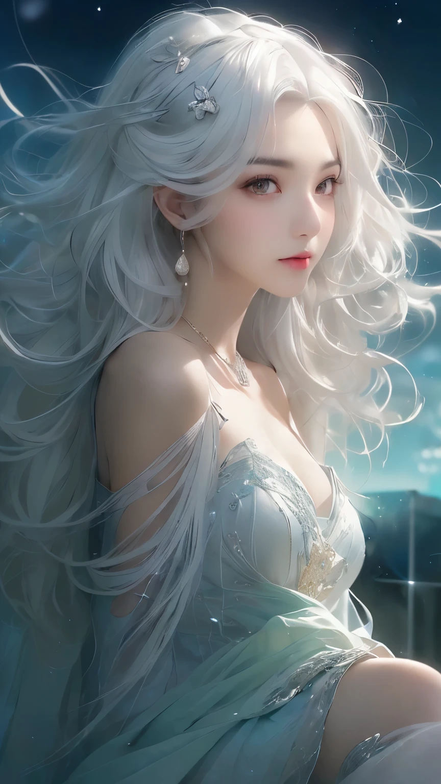 (((From the knee up)), Night view, Stella, (((masterpiece:1.5, detailed:1.4)),, A girl sitting, viewed from above、Backlight, A fantastic atmosphere envelopes the ancient city as the sun sets。At the center of this magical moment is a woman、(White Hair Girl:1.5)and、Her glorious hair、(Backlight)A waterfall of sparkling white threads flows down below.。It exudes a mysterious charm、Suspended particles bloom in the surrounding air、Her beautiful、(Beautiful white and shining skin:1.3)Casts a mysterious glow on。the((A dress as black as the night sky))It is beautiful and decorated、The exposed shoulders give it a feminine look.
