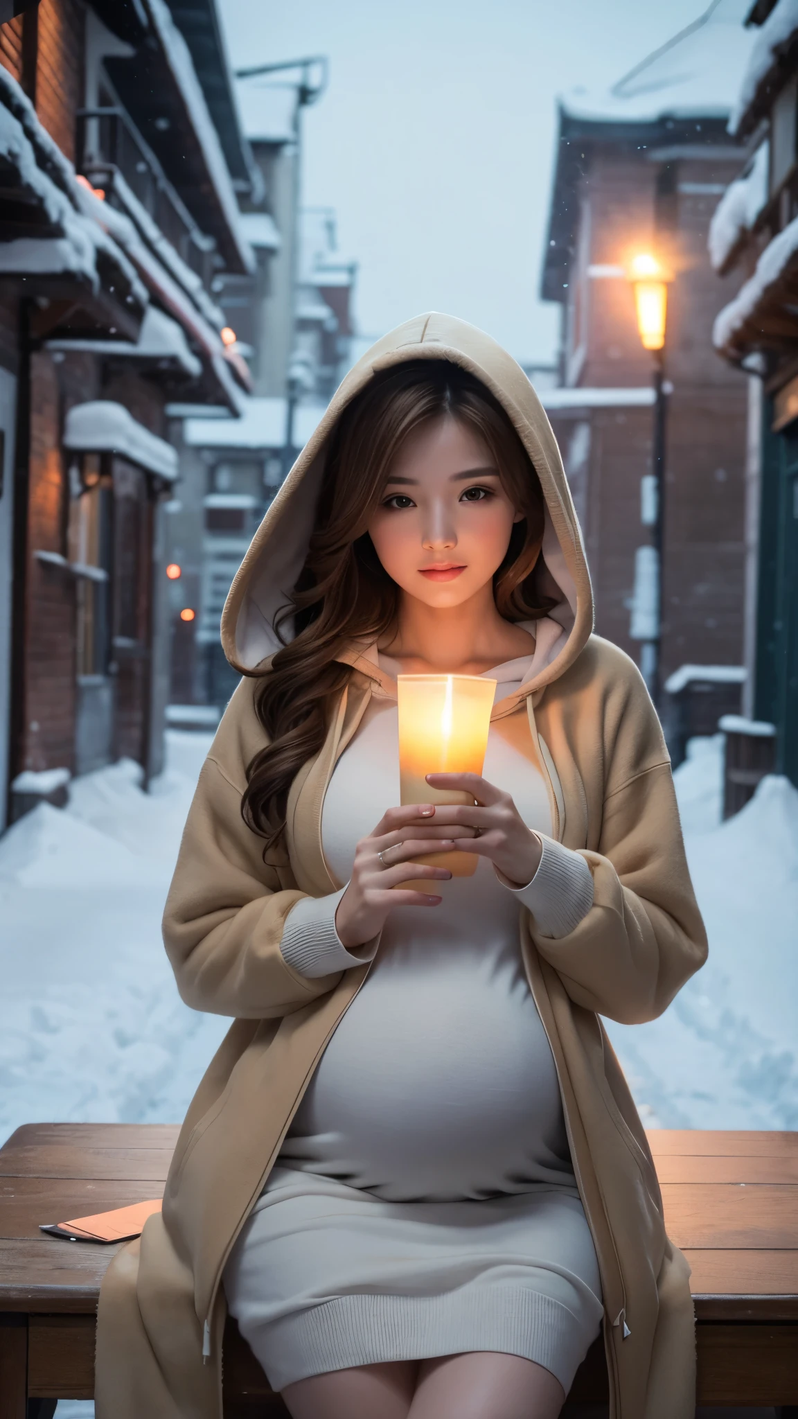 (table top、highest quality、8k、Award-winning work、ultra high resolution)、one beautiful pregnant woman、pregnancy (Wearing an hoodie thick fur beige coat:1.2)、long knit sweater dress、perfect fit、brown hair、white skin、(big cleavage:1.1)、Very long wavy hair、epic movie lighting、(romantic love feeling:1.1)、(A vivid and magical sunset:1.1)、(The most romantic and moody atmosphere:1.1)、winter、snow scene、It's snowing、(Walking through the snowy city:1.2)、look at me、(Exposing medium breasts that are about to burst:1.2)、(Most emphasize the body line:1.2)、very long hair、blurred background、accurate anatomy、ultra high definition hair、Perfect and beautiful teeth in ultra high resolution、Ultra high definition beauty face、ultra high definition hair、Super high-definition sparkling eyes、Shining, ultra high-resolution beautiful skin、ultra high resolutionの艶やかな唇、(Full body photo:1.1)、(exposing long bare legs:1.1)、(expose long legs:1.1)、(pregnancy)