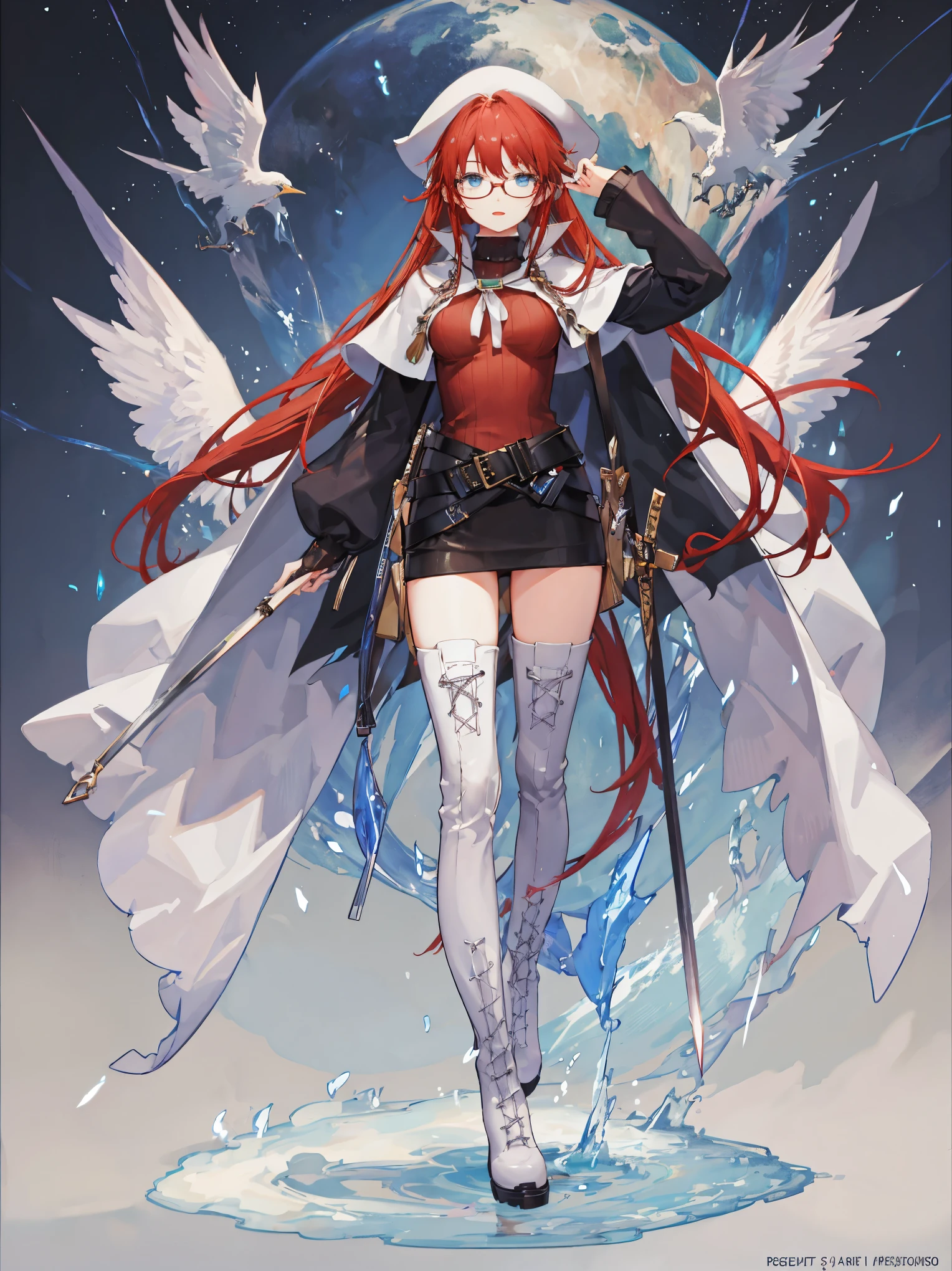 summonnightaty, aty, long hair, blue eyes, red hair, beret, hat, glasses,
BREAK long hair, thighhighs, hat, dress, boots, glasses, belt, cape, sweater, zettai ryouiki, beret, thigh boots, white footwear, ribbed sweater, loose belt,solo,
BREAK outdoors, fantasy,on_a_ship,
BREAK (masterpiece:1.2), best quality, high resolution, unity 8k wallpaper, (illustration:0.8), (beautiful detailed eyes:1.6), extremely detailed face, perfect lighting, extremely detailed CG, (perfect hands, perfect anatomy),covered_nipples,covered_navel,light_smile ,(half_eyes:1.4),long_sword,edge,armpit,sleepy,dynamic_standing,red_sweater,apart_legs,magical_effect,pulmp,big_tits,light_open_mouth,prepare_a_sword