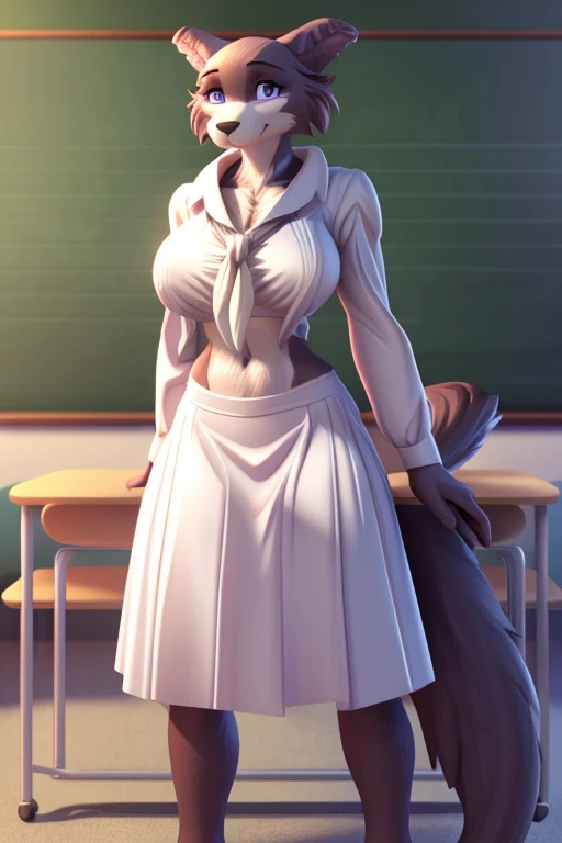 furry anthro juno, big breasts, white clothing, midriff, long skirt, long sleeves, neckerchief, solo, full body, tail, countershading, (best quality, masterpiece:1), standing, sexy pose, purple eyes, looking at viewer, (school classroom background:1.1), octane render