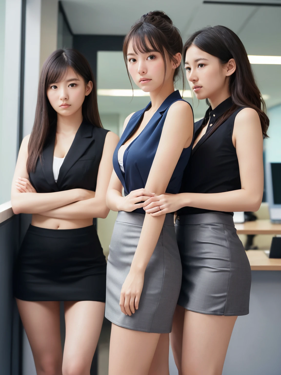 (highest quality:1.5),(8K:1.5),(masterpiece:1.5),(High resolution:1.5),(Three young-looking women),(Tight sleeveless business shirt),(Tight mini skirt),(Huge breasts),Thin and beautiful legs,Narrow waist,(Embarrassed expression:1.5),office,Elegant hairstyle,Looking at this,Cute face,Beautiful Skin,Beautiful down to the last detail,Bright lighting,Less exposure,(Begging)