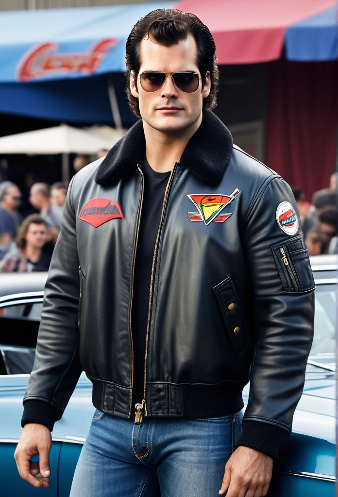 a Satire Photorealistic Picture of Henry Cavill as Clark Kent donning Casual Outfit with the 80's heavy metal rockstar hairstyle, a bomber jacket, t-Shirts, jeans and sneakers hosting a hilarious Car Show Program Top Gear, insanely detailed and intricate carshow studio properties, detailed and perfect face, masterpiece professional cinematic photo soot