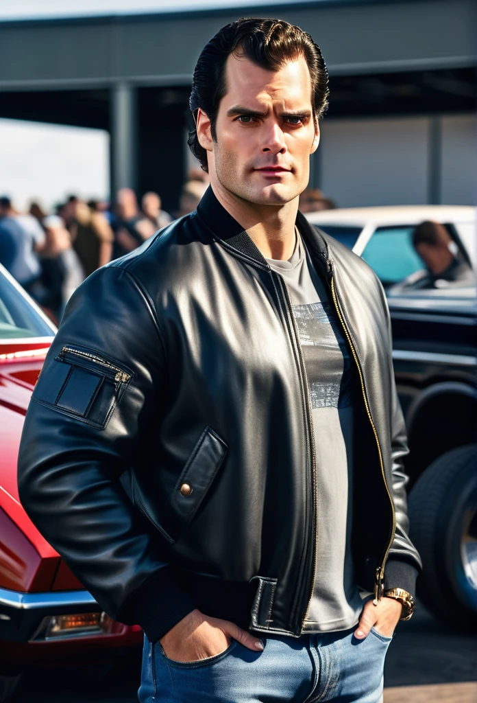 a Satire Photorealistic Picture of Henry Cavill as Clark Kent donning Casual Outfit with the 80's heavy metal rockstar hairstyle, a bomber jacket, t-Shirts, jeans and sneakers hosting a hilarious Car Show Program Top Gear, insanely detailed and intricate carshow studio properties, detailed and perfect face, masterpiece professional cinematic photo soot