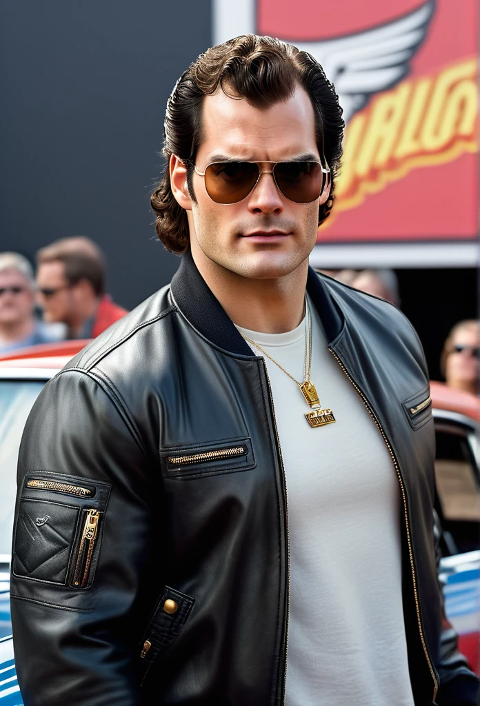 a Satire Photorealistic Picture of Henry Cavill as Clark Kent donning Casual Outfit with the 80's heavy metal rockstar hairstyle, a bomber jacket, t-Shirts, jeans and sneakers hosting a hilarious Car Show Program Top Gear, insanely detailed and intricate carshow studio properties, detailed and perfect face, masterpiece professional cinematic photo soot