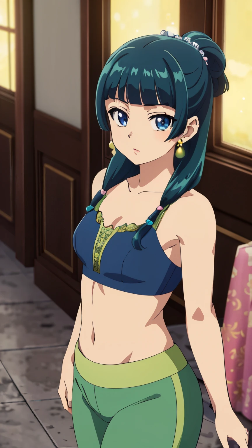 Top quality (8k, high resolution, masterpiece: 1.2), super detailed, anime art style, dynamic angle, teen style, (Innerwear, pants, earrings, room), detailed green hair, detailed blue eyes, intricate hairstyle, long hair , slim body, sparkling eyes, youthful, hair accessories, earrings, half-updo, slightly dull bangs, detailed lighting, bright colors, looking at the viewer, in the center of the image, cowboy shot,