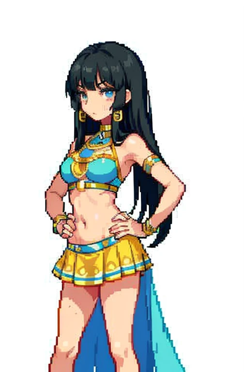 (masterpiece, top quality, best quality), pixel art, tan skinned anime Cleopatra wearing a bikini top and a long detailed skirt, famished in hunger, (gently resting hands on stomach), (sweating), (long black hair), (hands on stomach)