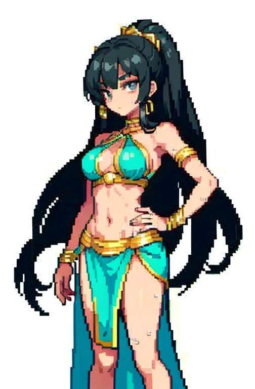 (masterpiece, top quality, best quality), pixel art, tan skinned anime Cleopatra wearing a bikini top and a long detailed skirt, famished in hunger, (gently resting hands on stomach), (sweating), (long black hair), (hands on stomach)