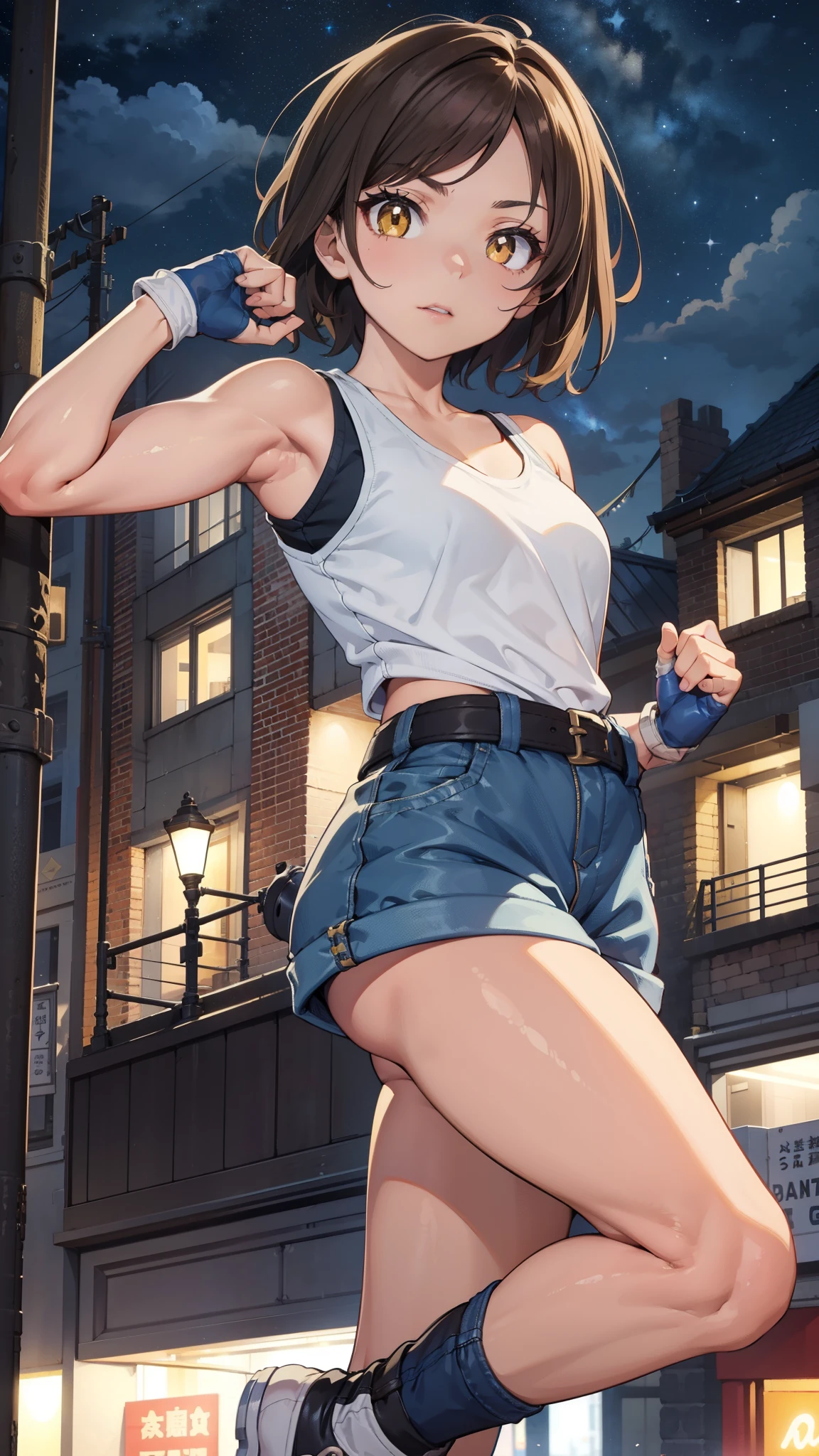 street dancer, short hair, brown hair, yellow glowing eyes, perfect lips, cute expression, cute face, cute pose, fingerless gloves, gun, tank top, jacket, cute pose, ultra detailed face, long eyelashes, sharp eyes , Fullbody shot, dinamic viewer, night sky