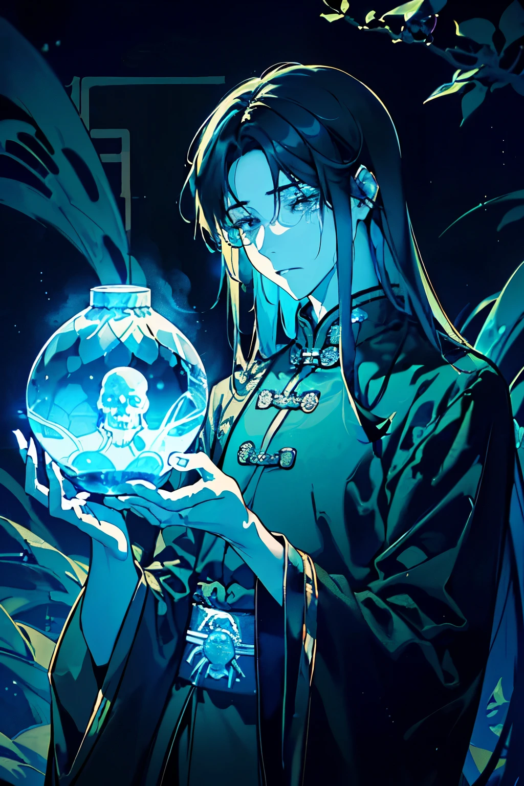 (A young man around 20 years old:1.25),((Tears flowing:1.25)),((ancient chinese style long-sleeved costume:1.2)),(Long Hair:1.5),(A mysterious atmosphere of black magic),(A space covered in mist:1.2),((Mysterious Skull Crystal Ball:1.3)),(Green and blue and grey),Illuminated flowers々,(corpse:1.3),(soul:1.3)