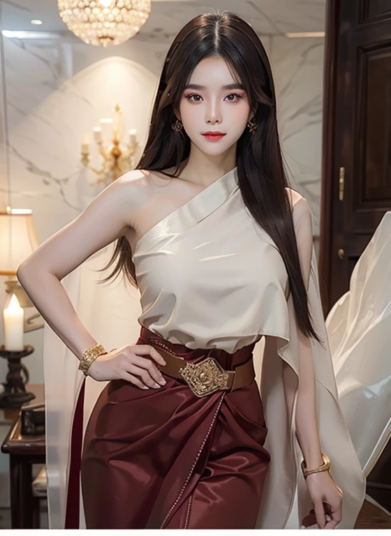 1 woman, Big dark brown eyes with gleaming transparency.、Ancient red Thai dress (ceiling:1.1) ,Bangs that extend to the front of the face、Completely beautiful girl at the age of 18 years、White skin, beautiful, glowing, youthful、Sexy and very good looking.、The face is very cute with perfect beauty.、very long black hair、My hair is long, straight and very sleek.、Double eyelids、eye line、big breasts

