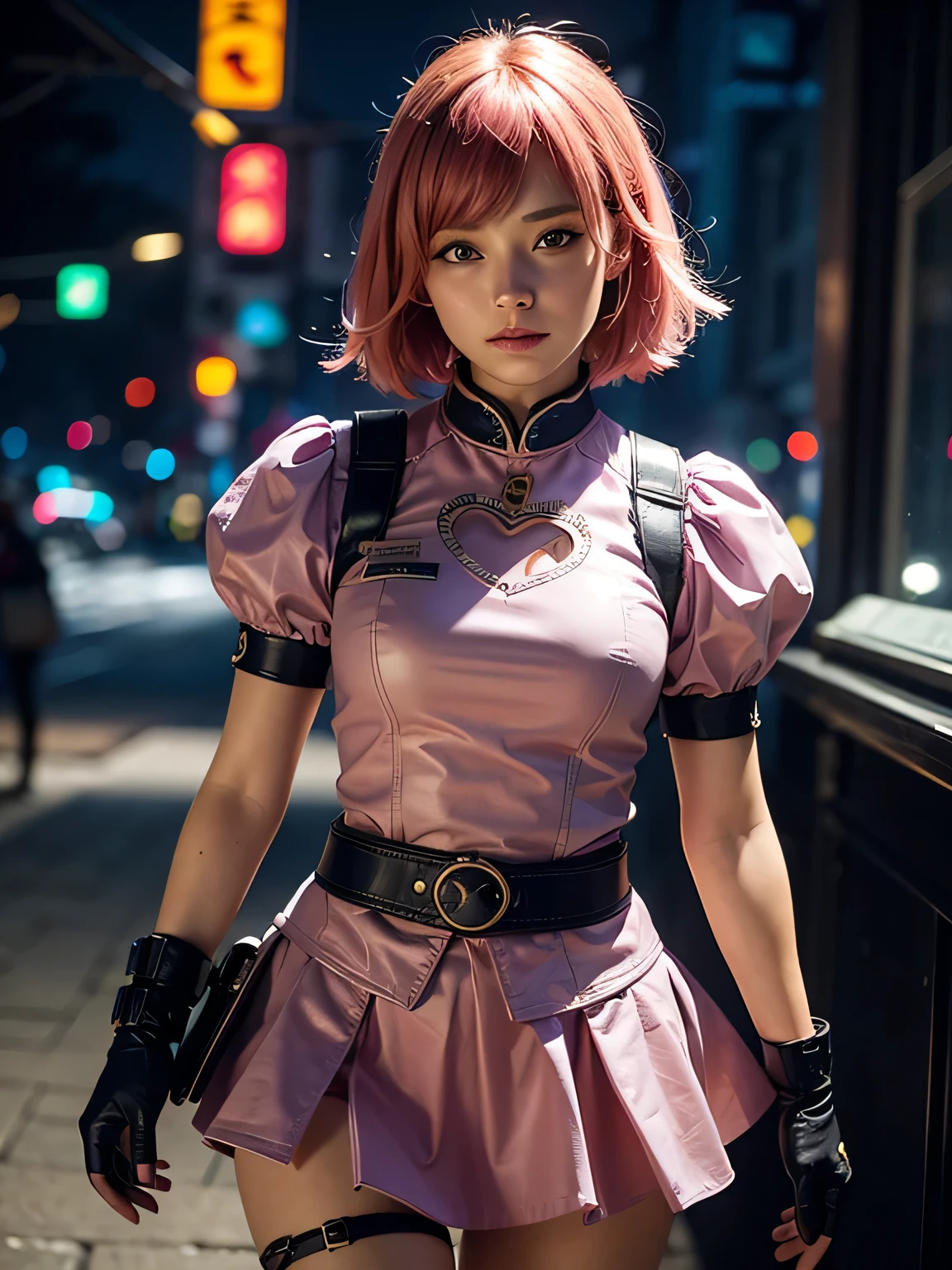 1girl,cowboy shot, beautiful nora_valkyrie, looking at viewer, smile, short hair, blue eyes,heart cutout, gloves, jacket, pink skirt, pink belt, short sleeves, puffy sleeves, single armband, fingerless gloves, orange hair, pink gloves, dynamic pose, night, outdoors, city, (volumetric lighting), best quality, masterpiece, intricate details, tonemapping, sharp focus, hyper detailed, trending on Artstation,