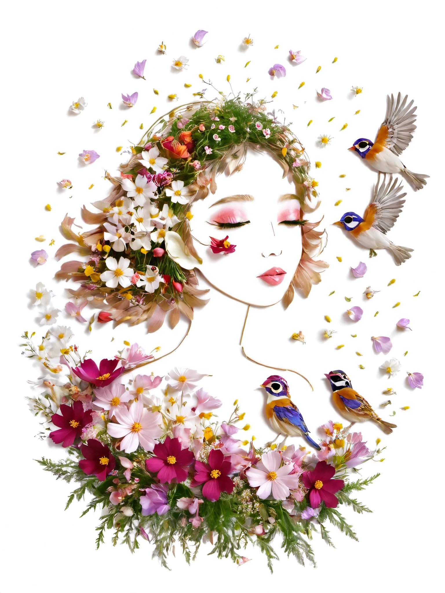 Fall Leaf Crafts, A girl made of flowers and birds, Cosmos flower、Small Birds、 Portraiture, White background、