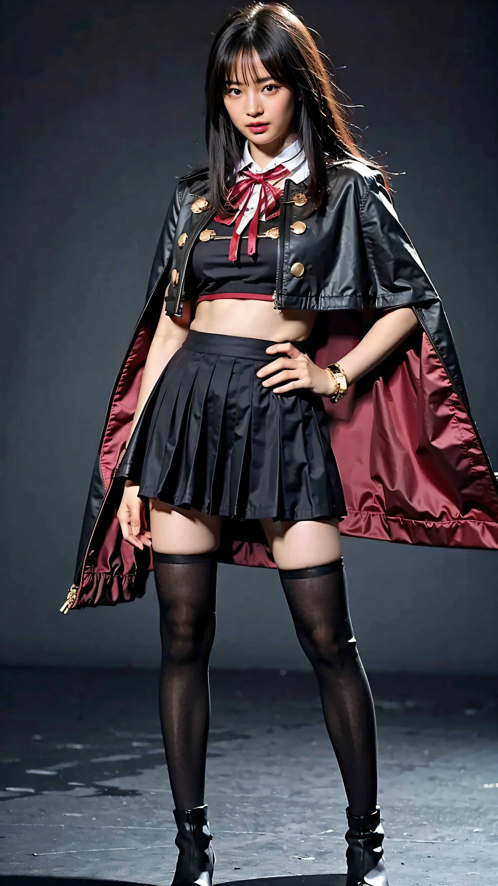 (8k、RAW Photos、highest quality、masterpiece:1.2)、(Realistic、Realistic)、1 girl、((Magical Girl Costumes、Anime Cosplay、Long Hair、Pink and black ee-through、Cute Costumes、Belly button、Cape、mini skirt、boots、Large Breasts、View from the front、Standing with hands on hips))、Lots of eyelashes、Glowing eyelids、skeletally correct