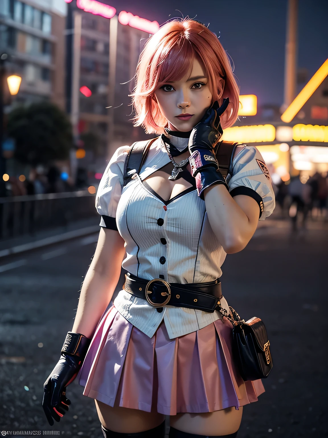 1girl,cowboy shot, beautiful nora_valkyrie, looking at viewer, smile, short hair, blue eyes,heart cutout, gloves,  jacket, pink skirt, pink belt, short sleeves, puffy sleeves, single armband, fingerless gloves, orange hair, pink gloves, dynamic pose, night, outdoors, city, (volumetric lighting), best quality, masterpiece, intricate details, tonemapping, sharp focus, hyper detailed, trending on Artstation,