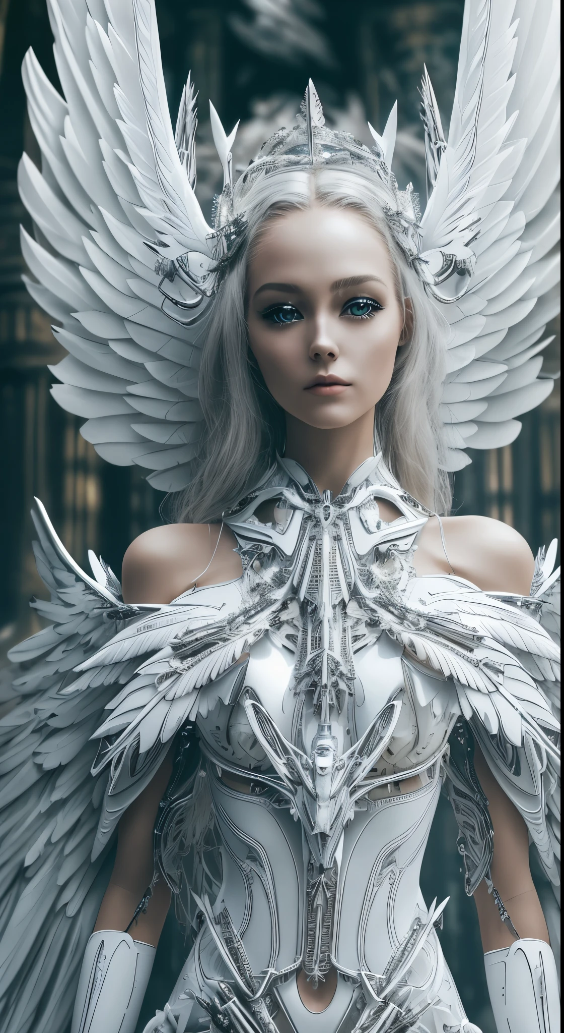 Close-up of a woman in a white dress with wings, Angel all over, Futuristic robot angel, Amazing angel wings, Angel Knight Gothic Girl, Angel in plastic armor, Intricate costume design, As the mysterious Valkyrie, Its whole body is made of white feathers,, Futuristic and fantastical, White Wings, Beautiful angel wings, Steampunk Angel, Beautiful cyborg angel girl, Graceful Wings