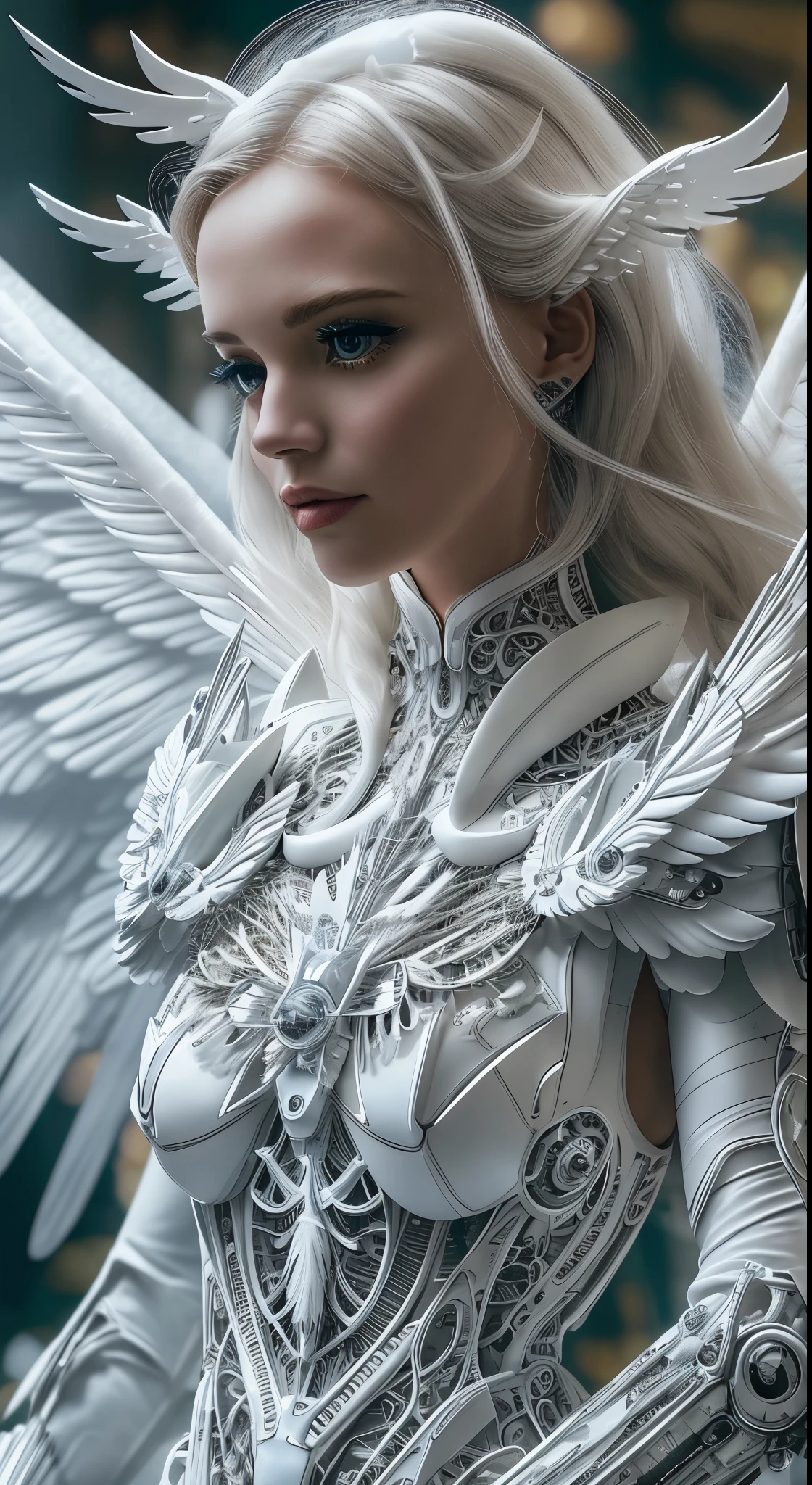 Close-up of a woman in a white dress with wings, Angel all over, Futuristic robot angel, Amazing angel wings, Angel Knight Gothic Girl, Angel in plastic armor, Intricate costume design, As the mysterious Valkyrie, Its whole body is made of white feathers,, Futuristic and fantastical, White Wings, Beautiful angel wings, Steampunk Angel, Beautiful cyborg angel girl, Graceful Wings