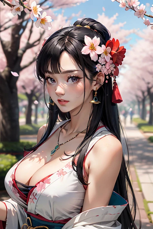 Konohanasakuyahime,Magatama Necklace,Long Hair,Black Hair,Beautiful face,older sister,A beautiful woman,cherry blossoms,Large Breasts