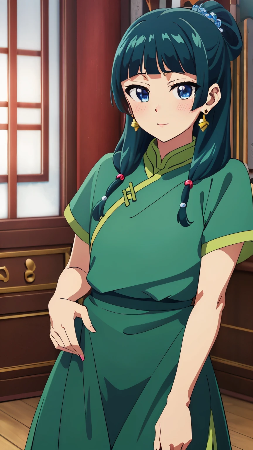 Top quality (8k, high resolution, masterpiece: 1.2), super detailed, anime art style, dynamic angle, teen style, (cheongsam, both shoulders exposed, earrings, blush, room), detailed green hair, detailed blue eyes, intricate hairstyle, long hair , slim body, sparkling eyes, youthful, hair accessories, earrings, half-updo, slightly dull bangs, detailed lighting, bright colors, looking at the viewer, in the center of the image, cowboy shot,