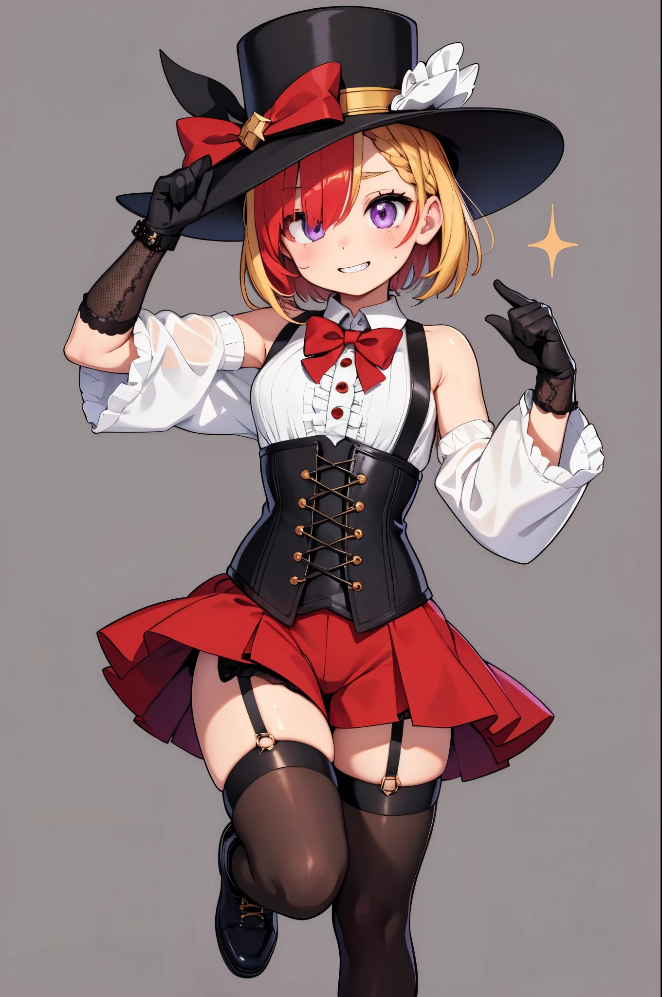 1boy,arm up,black corset,black footwear,black gloves,black hat,black shorts,blonde hair,boots,bow,bowtie,braid,buttons,center frills,chinese text,corset,cross-laced footwear,detached sleeves,facial mark,frills,garter straps,gloves,grey background,grey thighhighs,grin,hair over one eye,hand up,hat,holding,holding clothes,holding hat,hace-up boots,long sleeves,looking at viewer,male focus,multicolored hair,o-ring,o-ring thigh strap,one eye covered,parted bangs,purple eyes,red background,red bow,red bowtie,red hair,sharp teeth,shirt,short hair,short shorts,shorts,simple background,single braid,sleeveless,sleeveless shirt,smile,solo,sparkle,standing,streaked hair,swept bangs,teardrop facial mark,teeth,thigh strap,thighhighs,top hat,two-tone gloves,unworn hat,unworn headwear,white gloves,white shirt,white sleeves,zoom layer