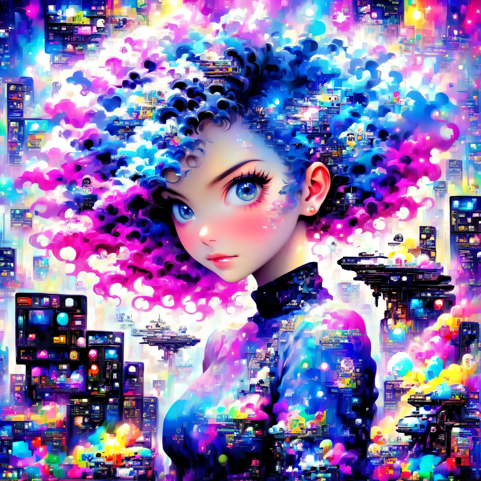 ((masterpiece)), (((highest quality))), ((Very detailed)), (Fantasy Style),(Lots of colors of background:1.6), Simple Background, (Cloud of Theme),1 Girl、 (Cloud of Hair):0.3], (Background of hair),(High saturation),(hair surrounded by Milky Way splashes),)):((her hair is becoming Milky Way clouds,:1.27628), (hair and clothes is Milky Way clouds and cluster of performer:1.1025),(マント is becoming Milky Way clouds)(colorful_Milky Way_printing_cluster_of_performer_printing:1.35),((detailed starry sky with colorful Milky Way and Milky Way clouds):1.2)):0.35],(Dynamic Angle),((floating)),(paint),((Beautifully detailed face)),collar,Exposing shoulders, ((colorful hair)),((Stripes of hair)),Beautiful fine details,(Gradient color of eyes),(((colorful eyes))),