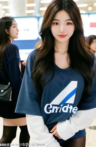 [an ultra-realistic Asian woman at Seoul International Airport], oval face shape, black hair color with brown streaks, medium long wavy hair, 25 years old, (wearing a blue long-sleeved oversized t-shirt with a cool logo, black tights, white premium snickers ), facing the viewer, bell-shaped breasts,