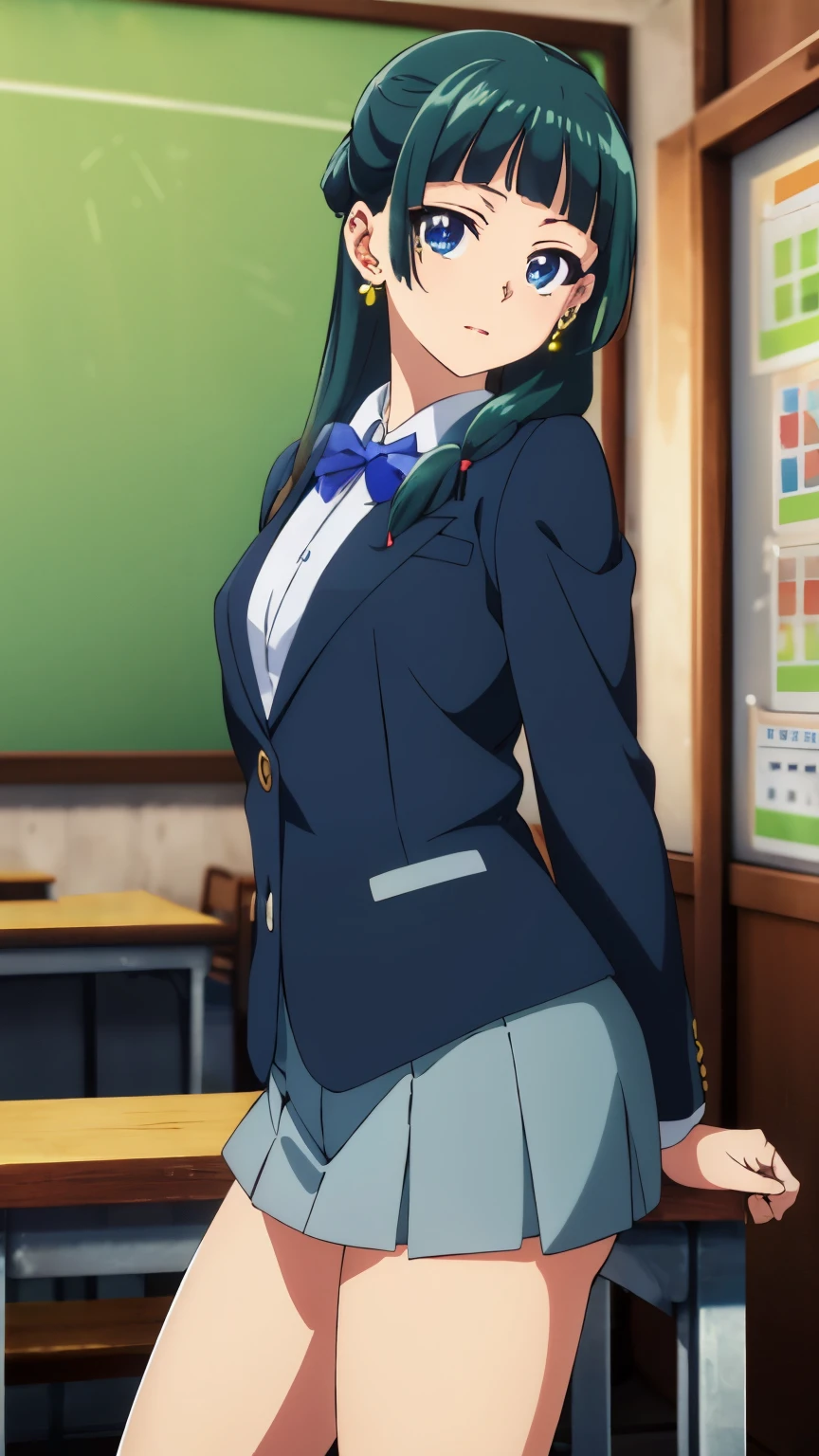 Top quality (8k, high resolution, masterpiece: 1.2), super detailed, anime art style, dynamic angle, teen style, (school uniform, gray blazer, miniskirt, white stockings, classroom), detailed green hair, detailed blue eyes, intricate hairstyle, long hair , slim body, sparkling eyes, youthful, hair accessories, earrings, half-updo, slightly dull bangs, detailed lighting, bright colors, looking at the viewer, in the center of the image, cowboy shot,