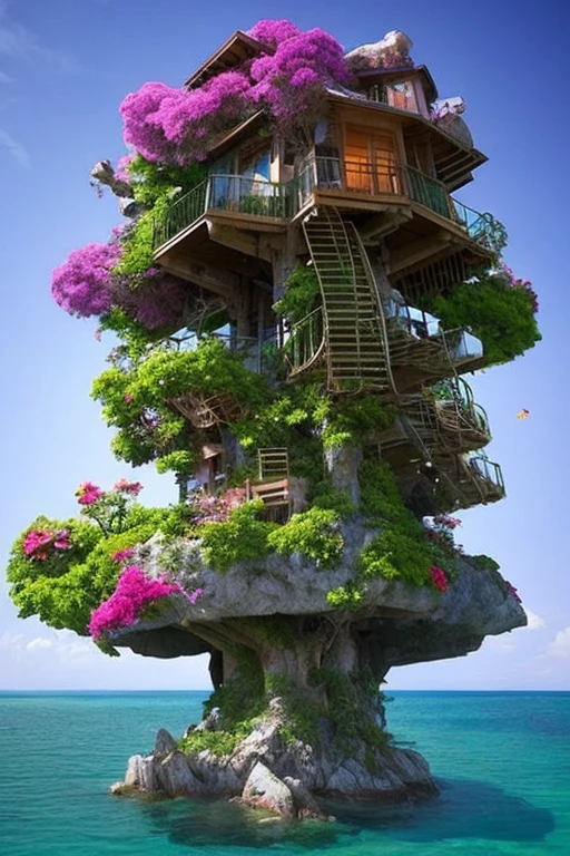 Perfection The Coolest tree house on a large rock in the middle of the sea with flowers in front of the house and trees on both sides of the house