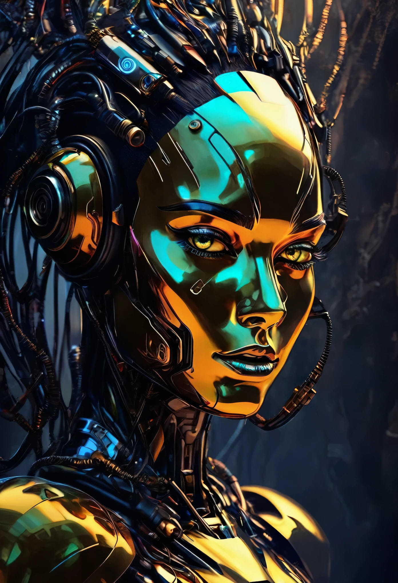 Depict face emerging from the shadows, magazine cover, poster art, robot girl, hint of vibrant