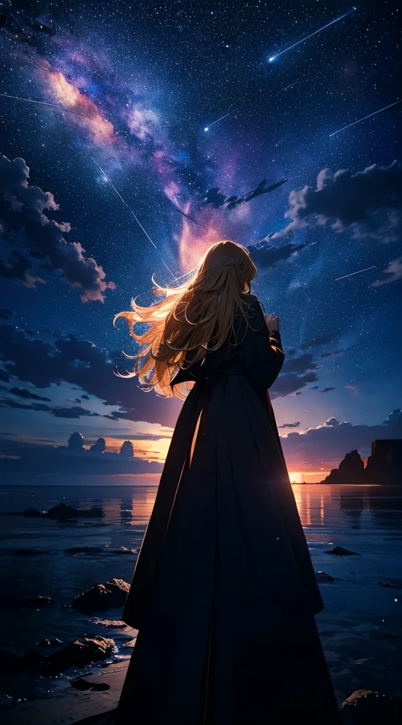 1people々々々々々々々々々々々,Blonde long-haired woman,Long coat, Dress Silhouette, Rear View,Raise your hand to grab something,Space Sky, The boundary between sea and space,