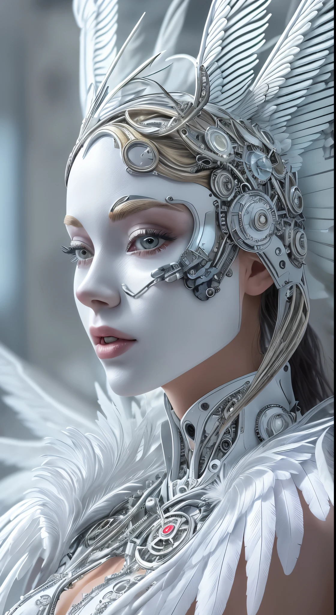 Close-up of a woman in a white dress with wings, Angel all over, Futuristic robot angel, Amazing angel wings, Angel Knight Gothic Girl, Angel in plastic armor, Intricate costume design, As the mysterious Valkyrie, Its whole body is made of white feathers,, Futuristic and fantastical, White Wings, Beautiful angel wings, Steampunk Angel, Beautiful cyborg angel girl, Graceful Wings