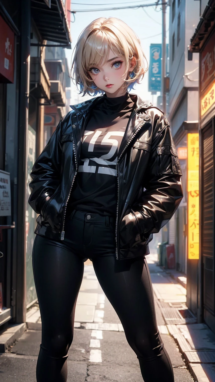((Highly detailed CG unit 8K wallpaper, masterpiece, High resolution, highest quality)), Structure from head to thighs:1.3, Upper body focus, 20-year-old woman, short hair, Avant-garde makeup, Hands in pockets pose:1.5, Grunge Fashion:1.2, wear a blouson:1.2, Blurred Background, A colorful, deserted alley, Cinema Lighting, Anime Style, Simple lines, Digital Painting,