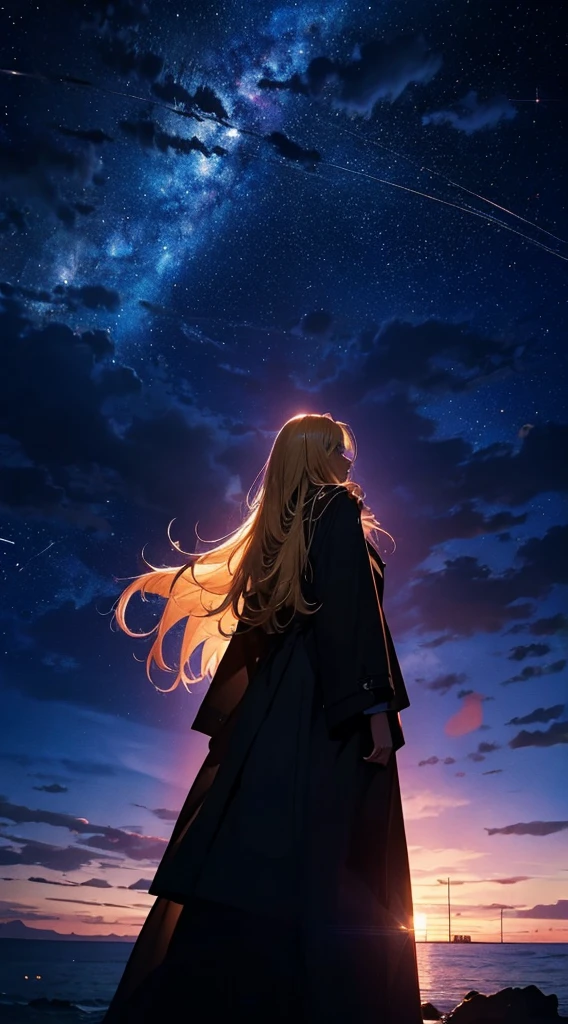 １people,Blonde long-haired woman，Long coat， Dress Silhouette， Rear View，Raise your hand to grab something，Space Sky, The boundary between sea and space，
