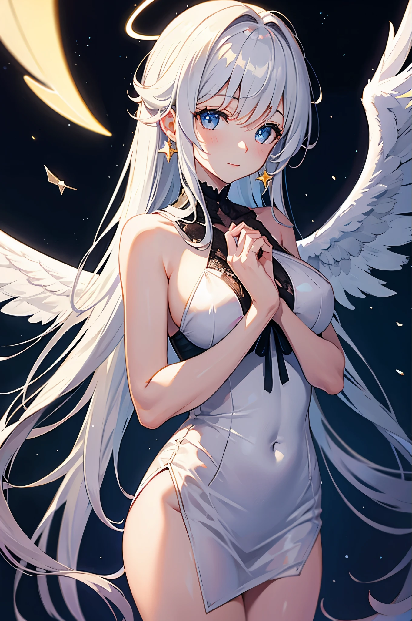 Beautiful girl with light blue long hair angel against the background of vast landscape photo、Twin-tailed、A charming smile、white  leotard、White veil is flowing、On the back, Big big wings, Two on each side、for the background、Aura and Crystal Brilliant、fantasy worlds、