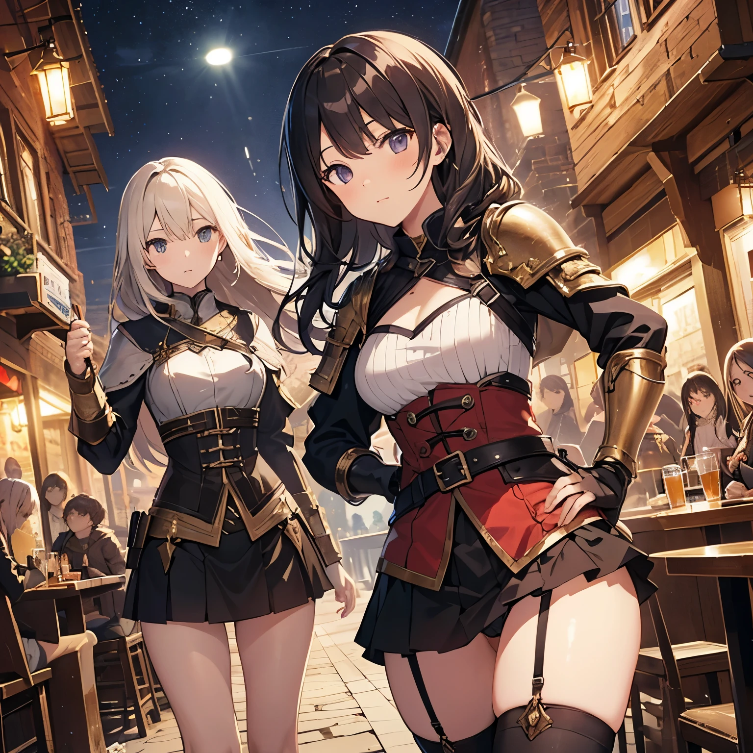 A group of female adventurers set in a medieval fantasy world, (At the pub), Mr.々Hair style, Harem, night, Detailed aspect, Short skirt, Seduce, No sleeve, armor 、showing off panties