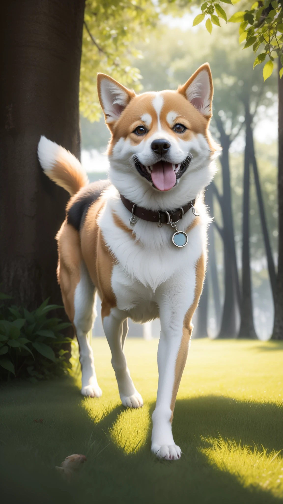best quality,ultra-detailed,realistic,photorealistic:1.37,adorable,fluffy Shiba Inu dog,playful,curious expression,dark almond-shaped eyes,black button nose,pointy ears,fuzzy tail, vibrant fur colors,tan and white markings,beautiful outdoor scenery,natural environment,sunny day,green grass and trees,soft sunlight filtering through the leaves,happy dog running and playing,climbing a small hill,shadow and light interplay,beautiful contrast between the dog and the surroundings,blurred background with bokeh effect,sharp focus on the dog's details,showcasing the dog's personality and charm,dog's tongue sticking out as if it's smiling,expressive body language,lively and energetic atmosphere,joyful interaction with its surroundings,breathing life into the artwork,inviting viewers to enjoy the beauty of nature and the playful spirit of the Shiba Inu.