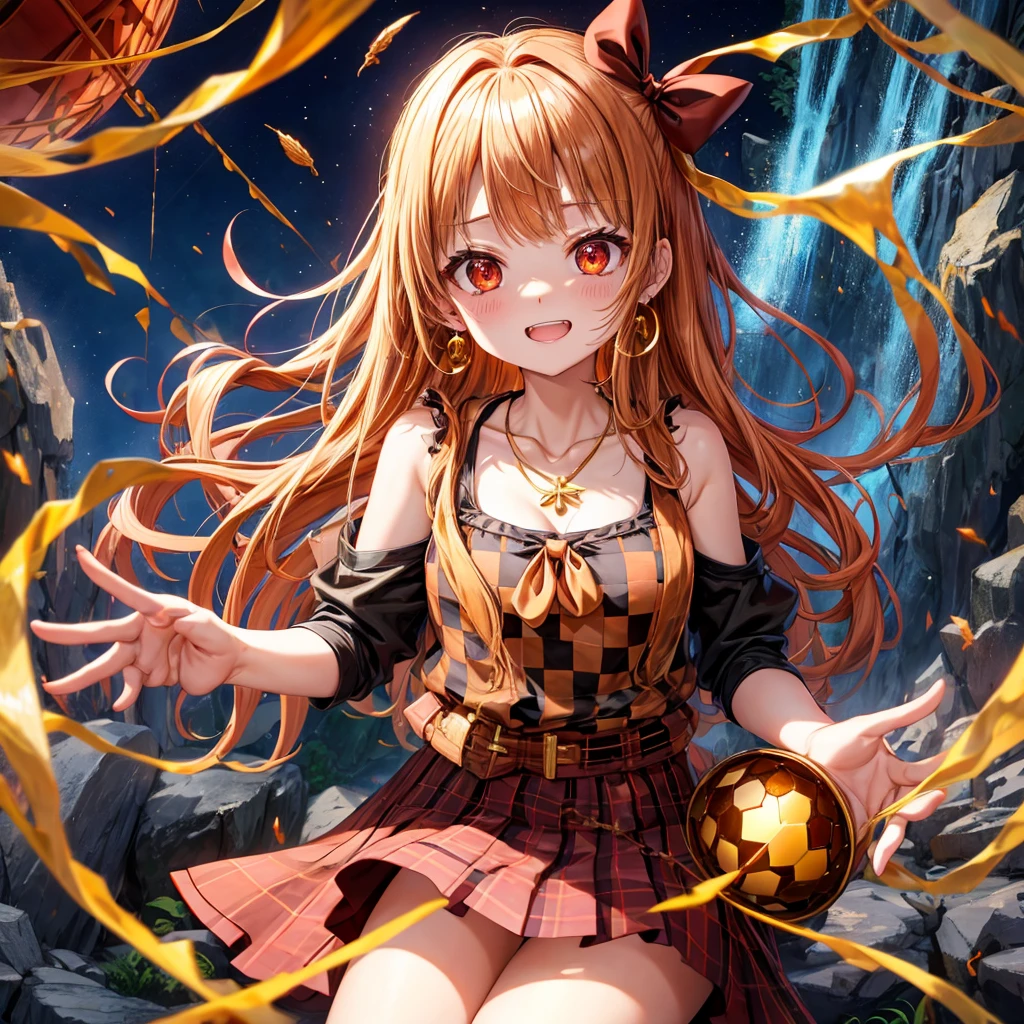 Brown, red, gold, golden hair、Red eyes、One good looking girl、solo、anime、Checkered mini skirt、Black camisole、Black T-shirt、hoodie、Wearing a ribbon、Ribbon on waist、Crystal Earrings、Gemstone Necklace、Light and shadow、Tilting face、Teeth are visible、waterfall、Kuroko、tunnel、pylon、Sunset sky、Towering、frilled lizard、light、flash、Barrel、honeycomb、Wife