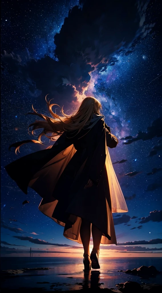 1people,Blonde long-haired woman,Long coat, Dress Silhouette, Rear View,Raise your hand to grab something,Space Sky, The boundary between sea and space,