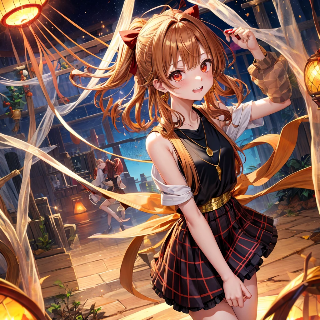 Brown, red, gold, golden hair、Red eyes、One good looking girl、solo、anime、Checkered mini skirt、Black camisole、Black T-shirt、hoodie、Wearing a ribbon、Ribbon on waist、Crystal Earrings、Gemstone Necklace、Light and shadow、Tilting face、Teeth are visible、waterfall、Kuroko、tunnel、pylon、Sunset sky、Towering、frilled lizard、light、flash、Barrel、honeycomb、Wife